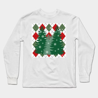 Christmas Gifts, Winter Red & Green Diagonal Plaid Print with Pine Trees and Snowflakes Graphic Design, Bedding, Apparel and other gifts Long Sleeve T-Shirt